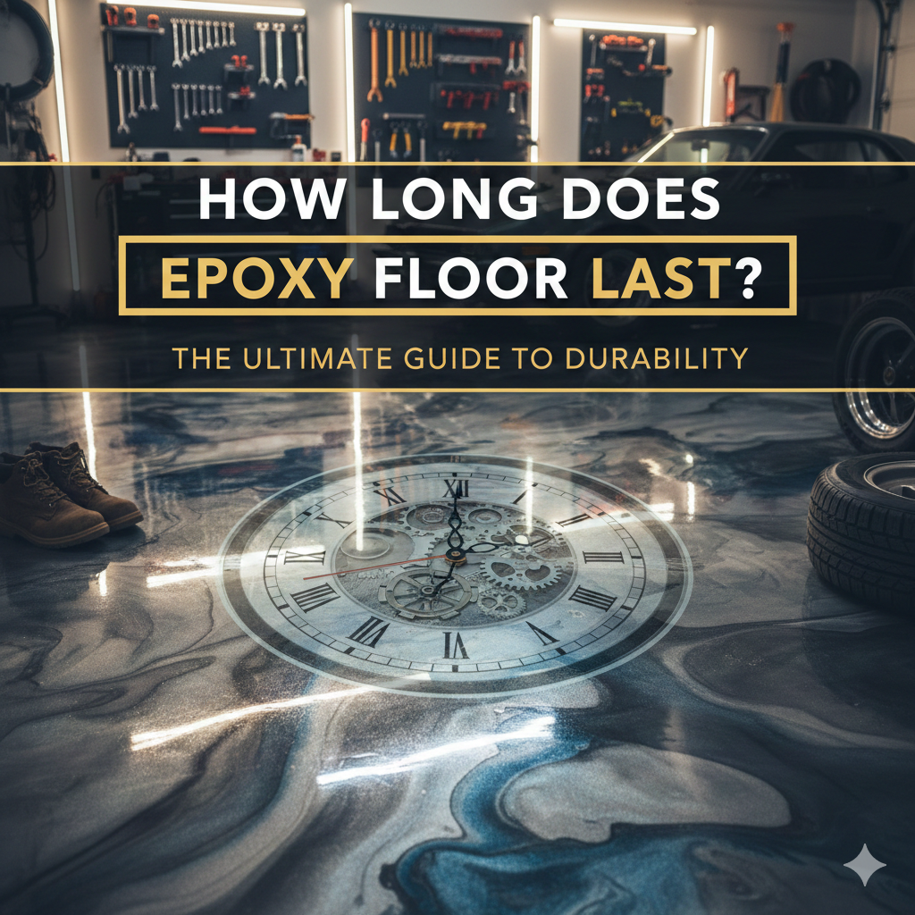 Garage with epoxy floor and clock